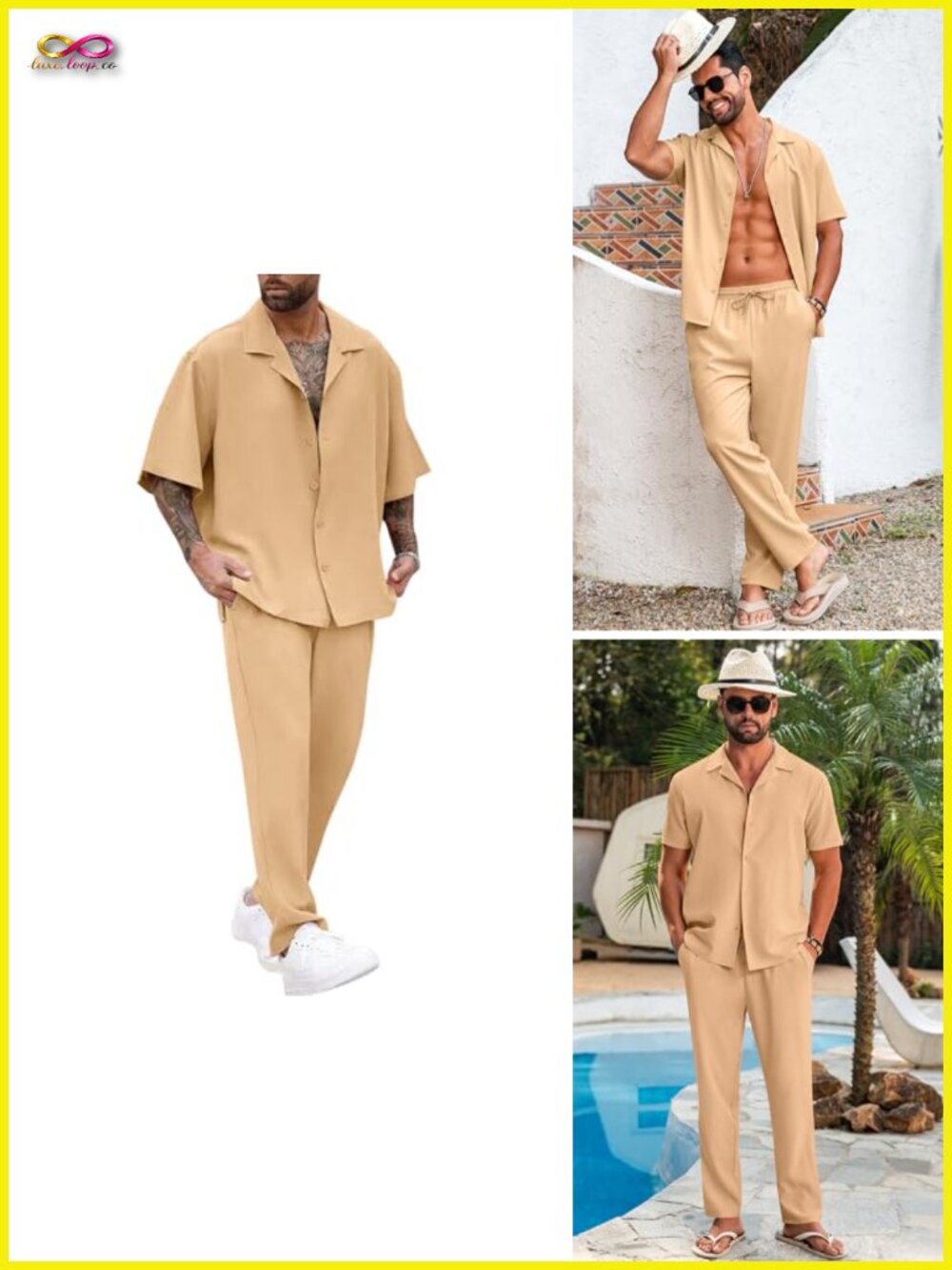 Men's 2 Piece Solid Button Down Shirt & Elastic Pants Set Short Sleeve Summer
